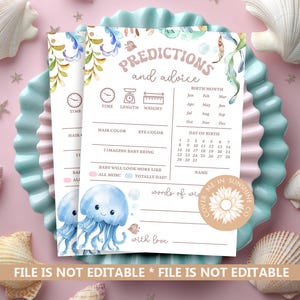 Jeu de prédictions pour bébé sous les mers, méduses bleues, cartes de prédictions et conseils pour bébé sur le thème de l'océan Jeu imprimable N271 pour baby shower d'animaux marins