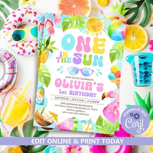 Editable One In The Sun 1st Birthday Party Invitation Tropical Summer Splish Splash Girly 1st Birthday Party Pool Party Instant Download 245