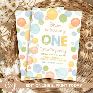 1st Birthday Invitation Polka Dot Boy First Birthday Invite Rainbow Spots Birthday Evite Minimalist One Year Old Birthday Template N287