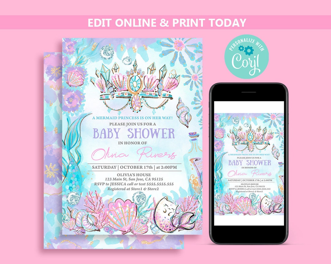 Mermaid Baby Shower Invitation Template Pink Purple Gold, Editable ...