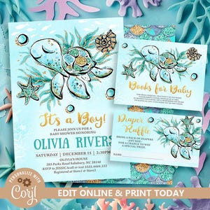 Editable Under The Sea Baby Shower Invitation Set, Sea Turtle Boy Baby Shower invite, Ocean Animals Baby Shower template, Ocean Baby Shower