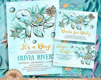 May include: A blue and gold baby shower invitation with a sea turtle design. The invitation says "It's a Boy!" and includes the name "Olivia Rivers".