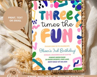 Three Times the Fun Invitation, Editable Colorful 3rd Birthday Party Invite Template (Digital Download) N326