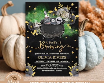 Halloween Baby Shower Invitation: A Baby Is Brewing, Spooky Witch Theme (Digital Download)