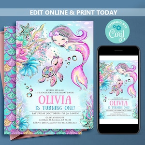 Mermaid Birthday Party Invitation Pink Purple Gold, Editable Mermaid invite, Under the Sea birthday invites, Pool Party N13