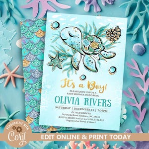 Invitación para baby shower de tortuga marina: temática submarina (editable)