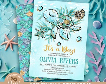 May include: A blue and green baby shower invitation with a cartoon illustration of a sea turtle. The invitation says "It's a Boy!" and includes the text "Please join us for a baby shower honoring Olivia Rivers".