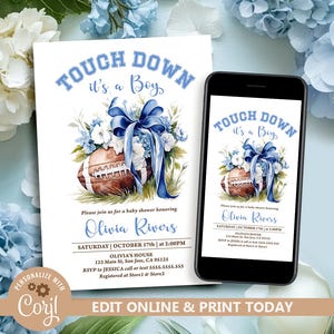 Football Baby Shower Invitations, Blue Sports Theme Baby Shower Invites Touchdown Boy Baby Shower Evite It's a Boy Football Invitation N213