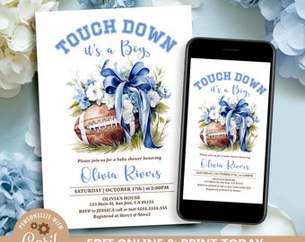フットボールベビーシャワー招待状：ブルースポーツテーマ（デジタルダウンロード、5x7インチテンプレート）