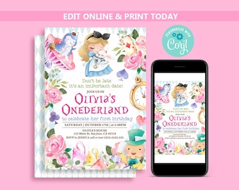 Editable Alice in Wonderland Birthday Invitation, Alice in Onederland, Pink Floral Girls 1st Birthday Invite, Mad Hatter Tea Party N32