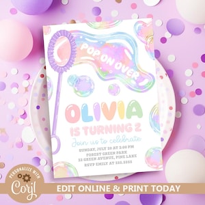 May include: A birthday invitation with a bubble theme, featuring the text "POP ON OVER" and "OLIVIA IS TURNING 2". The invitation includes event details. A bubble wand is on the left. The background is purple with confetti and balloons.