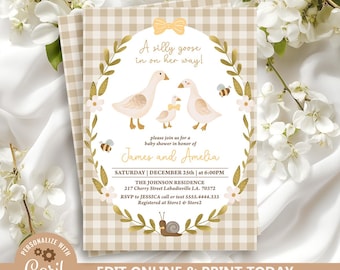 May include: A baby shower invitation with a gingham background and a gold border. The invitation features a family of geese with the text "A silly goose in on her way!" and "please join us for a baby shower in honor of James and Amelia".