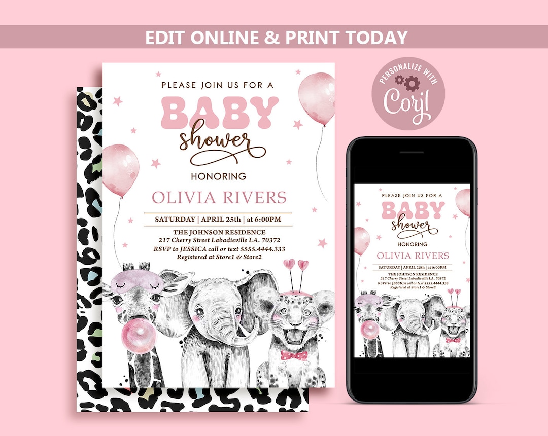 Modern Jungle Baby Shower Invitation, Minimalist Safari Girl Baby ...