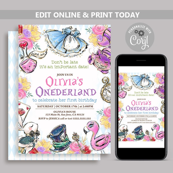 Alice in Wonderland Invitation Template, Alice in Onederland 1st Birthday Invite, Mad Tea Party Printable, First Birthday Download N129