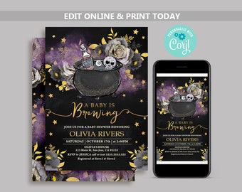 Puede incluir: Una invitación de baby shower negra y dorada con un caldero, estrellas y flores. El texto dice "A Baby is Brewing" e incluye el nombre Olivia Rivers.