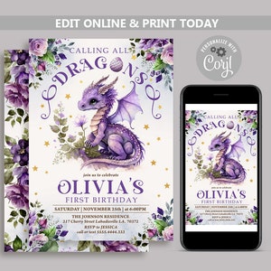 Purple Dragon Birthday Invitation: Editable Fantasy Invite (Digital Download)