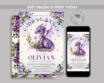 Inbjudan till lila drakefödelsedag: Redigerbar fantasiinbjudan (digital nedladdning)