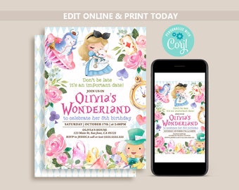 Peut inclure: Invitation d'anniversaire sur le thème d'Alice au pays des merveilles avec une illustration aquarelle d'Alice tenant un lapin blanc. L'invitation est pour le 5ème anniversaire d'Olivia et comprend la date, l'heure et le lieu. L'invitation est personnalisée avec le texte "Olivia's Wonderland" et "Rejoignez-nous dans le pays des merveilles d'Olivia pour célébrer son 5ème anniversaire".