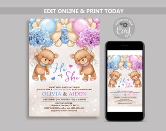 Teddy Bear Gender Reveal Invitation: Hot Air Balloon Invite (Digital)