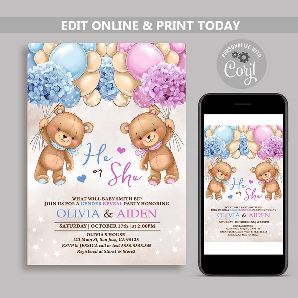 Teddybeer met ballonnen Gender Reveal Uitnodiging, Heteluchtballon Gender Reveal Invite Template, Hij of Zij, Jongen Of Meisje Beer & Ballonnen N72