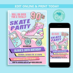 90s Birthday Invitation, Roller Skate Party, 90's Birthday Party, Back to the 90s Theme Invite, Retro 1990s Invitation, Nineties Theme N26