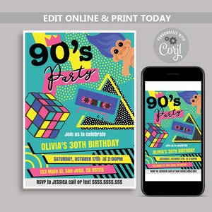 90s Invitations, 90s Birthday Party Invitation, Retro 1990s Birthday Invite, 1990&#39;s Party, 90s Theme Party, 1990s Theme Invites, Corjl N148