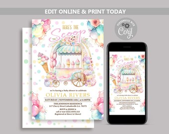 Ice Cream Baby Shower Invitation Girl: Pink & Gold (Editable Corjl Template)