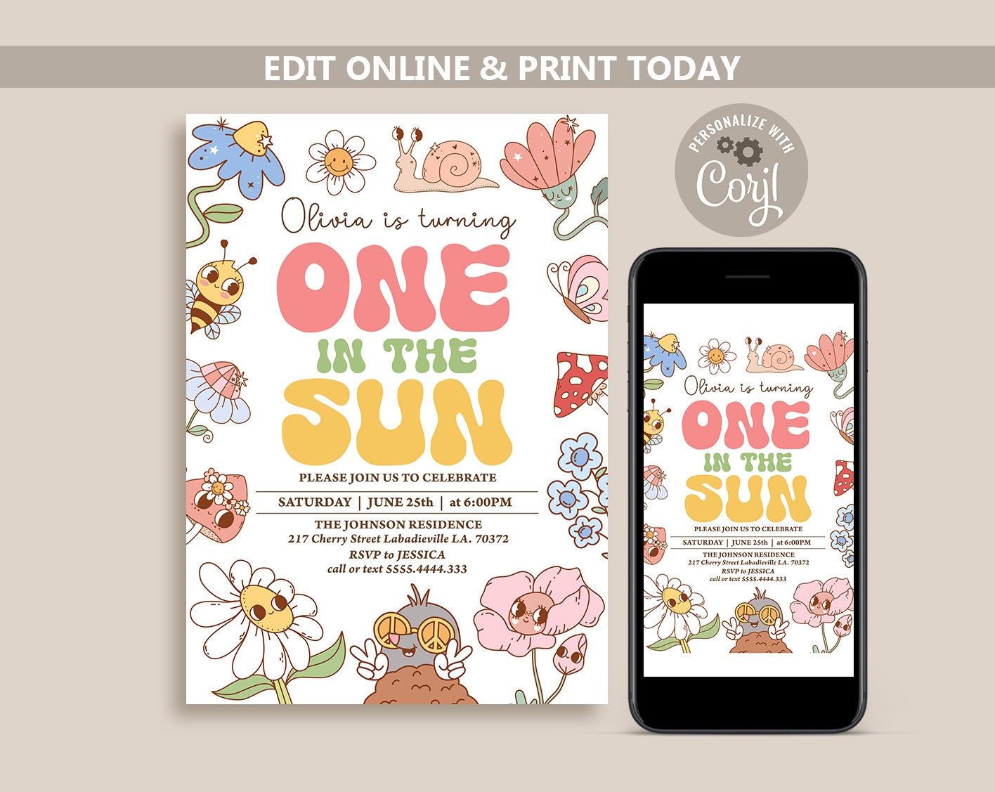 One in the Sun Invitation, Groovy Summer Birthday Invitation, Editable Template Park Party for Girl First Birthday, Cute Garden Party N249