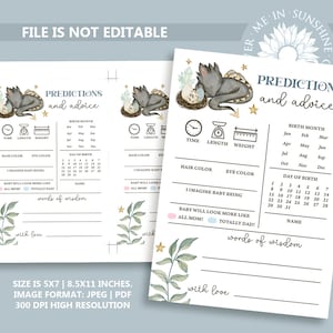 May include: Two printable baby shower prediction cards featuring a watercolor illustration of a gray dragon with a gold crown. The cards have a light blue background with gold stars and green leaves. The text on the cards reads "Predictions and advice".