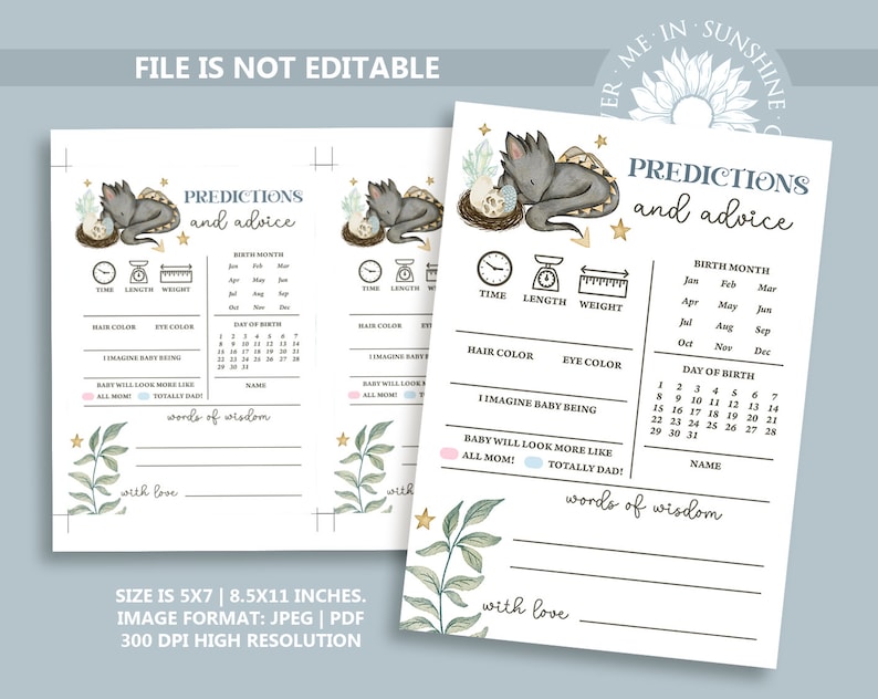 May include: Two printable baby shower prediction cards featuring a watercolor illustration of a gray dragon with a gold crown. The cards have a light blue background with gold stars and green leaves. The text on the cards reads "Predictions and advice".