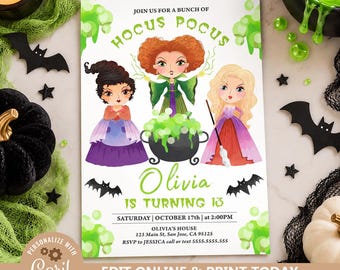 May include: A rectangular party invitation featuring three cartoon witches, a black cauldron with green bubbles, and black bats. The text reads: JOIN US FOR A BUNCH OF HOCUS POCUS, Olivia IS TURNING 13, SATURDAY | OCTOBER 17th | at 2:00PM, OLIVIA'S HOUSE, 123 Main St, San Jose, CA 95125, RSVP to JESSICA call or text 5555.5555.555.