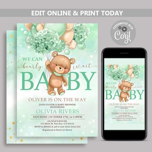 Teddy Bear Baby Shower Invitation, Teddy Bear with green balloons Invite, We Can Bearly Wait Bear & Balloons Baby Shower Gender Neutral N181