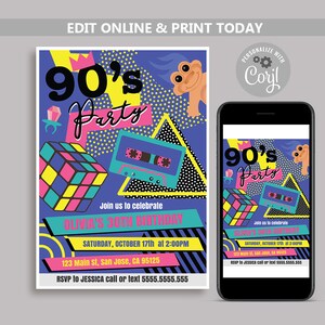 90s Theme Party, 90s Invitations, 90s Birthday Party Invitation, Retro 1990s Birthday Invite, 1990&#39;s Party, 1990s Theme Invites, Corjl N148