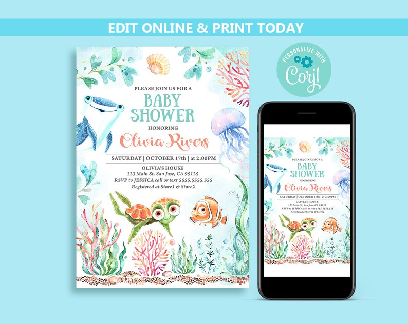 Editable Under the sea Baby Shower invitations for boy or girl Ocean Baby Shower invite Ocean animals party instant download