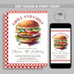 Grill and Chill Birthday Party Invitation, Editable Template, Burger Birthday invite, Summer BBQ Invite, Cookout Birthday Party Invite  N185