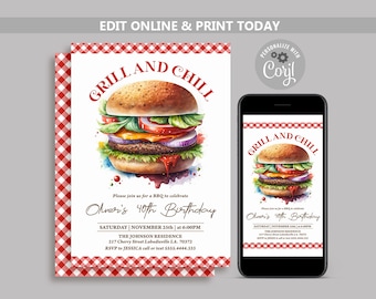 Burger Birthday Invitation: Grill and Chill BBQ, Editable Template