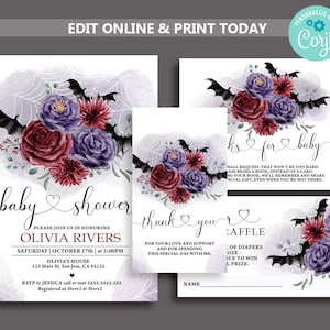Zestaw zaproszeń na baby shower w kwiaty w stylu gotyckim, szablon na baby shower w Halloween, zaproszenia na baby shower w jesieni, zaproszenie na baby shower z wampirem N65