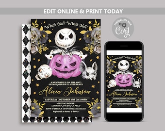Jack Skellington-uitnodiging voor babyshower: gotische Halloween-sjabloon (digitale download)