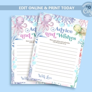 Tarjeta editable de consejos para baby shower bajo el mar, tarjeta de consejos para bebés con tema oceánico, juego de baby shower de animales marinos, plantilla de consejos y deseos N215