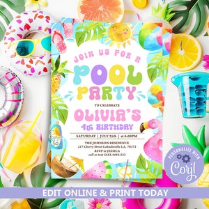 Editable Pool Party Invitation, Tropical Splish Splash Girly Pool Party Invite, Summer Swimming Pool Splash Pad Party Instant Download N245