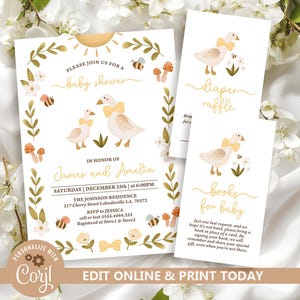Vintage Goose Baby Shower Invitation Set, Simple Mama and Baby Goose Yellow, Goose Baby Shower Invite, Gender Neutral Editable Template N264