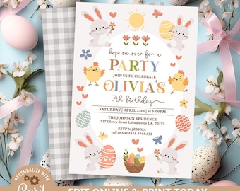 Easter Birthday Invitation: Egg Hunt, Bunny, Chicken (Digital Download)