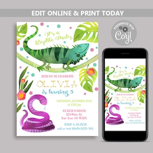 Reptile Birthday Party Invitation Girl, Editable Reptile Show Party Invite, Modèle d’anniversaire de lézard et de serpent, toute invitation d’anniversaire d’âge N120