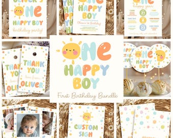 One Happy Boy 1st Birthday Invitation Set: Editable Rainbow Sunshine Party Theme (Digital Download)