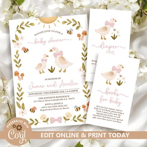 Goose Baby Shower Invitation Set, Vintage Simple Mama and Baby Goose Pink, Goose Baby Shower Invite, Editable Template Digital Download N264