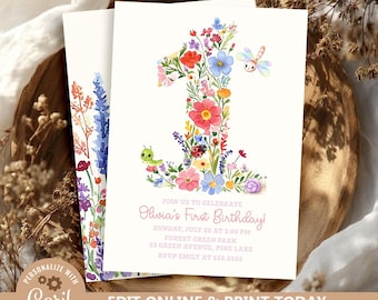 May include: Two white invitations for a first birthday celebration. The number "1" is formed with colorful flowers, a dragonfly, and small insects. The text reads "Olivia's First Birthday!" and includes event details. The invitations are on a wooden surface.