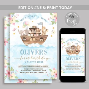 Noah&#39;s Ark First Birthday Invitation, Editable Boho Animals Party Template, Bible Story Ark Invite, 1st Birthday Safari Animals Invite  N135