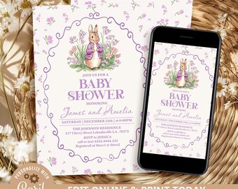 Invito per baby shower a tema Peter Rabbit, coniglietto rustico (modello modificabile e stampabile)