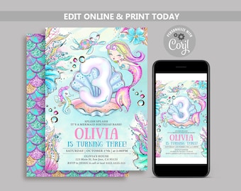 Editable Mermaid 3rd Birthday Invitation: Under the Sea Party (Digital Download)