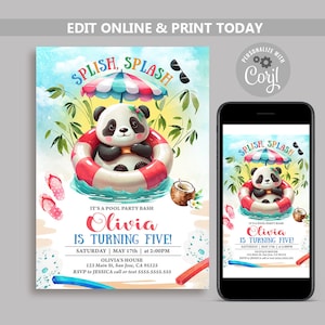 May include: A colorful invitation for a pool party with a panda bear wearing a life preserver and sunglasses. The invitation says "Splish Splash Olivia is turning five!" and includes the date, time, and location of the party.